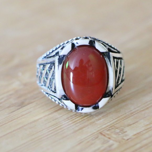 925 Sterling Silver Men's Ring Natural Red Agate - Picture 3 of 11